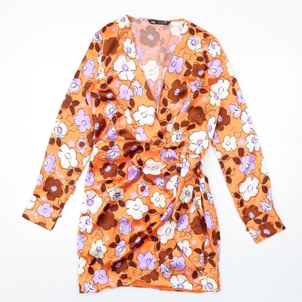 NWT Zara Floral Orange Satin Wrap Mini Dress Size S Silk V neck Spring
